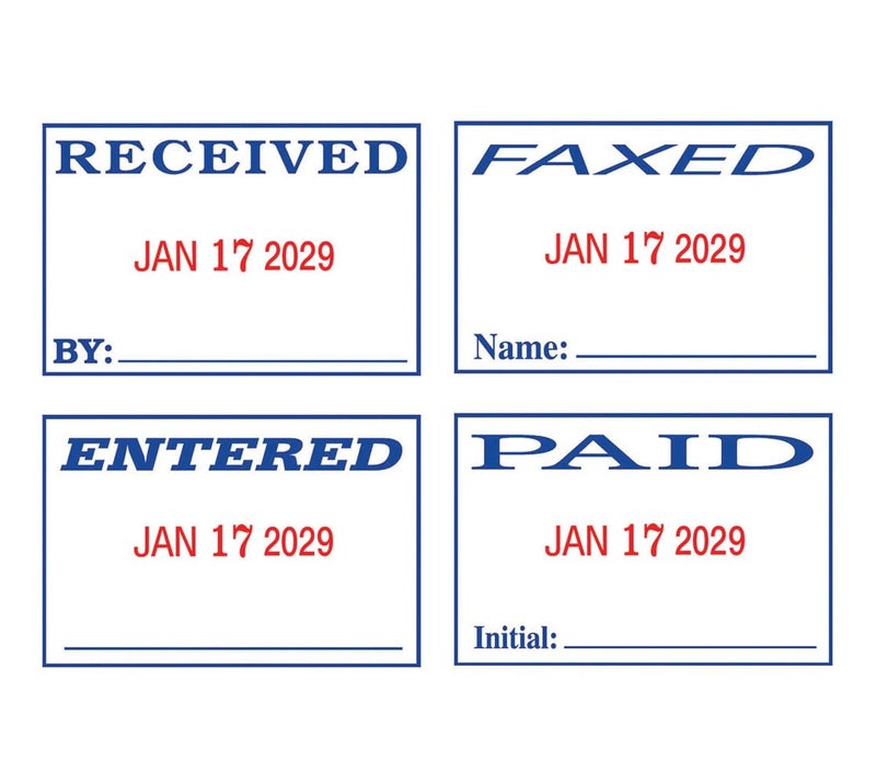 2000 PLUS 4-In-1 Date and Message Stamp, Self-Inking, ENTERED, PAID, RECEIVED, FAXED, Red & Blue Ink (032519) - Image 2